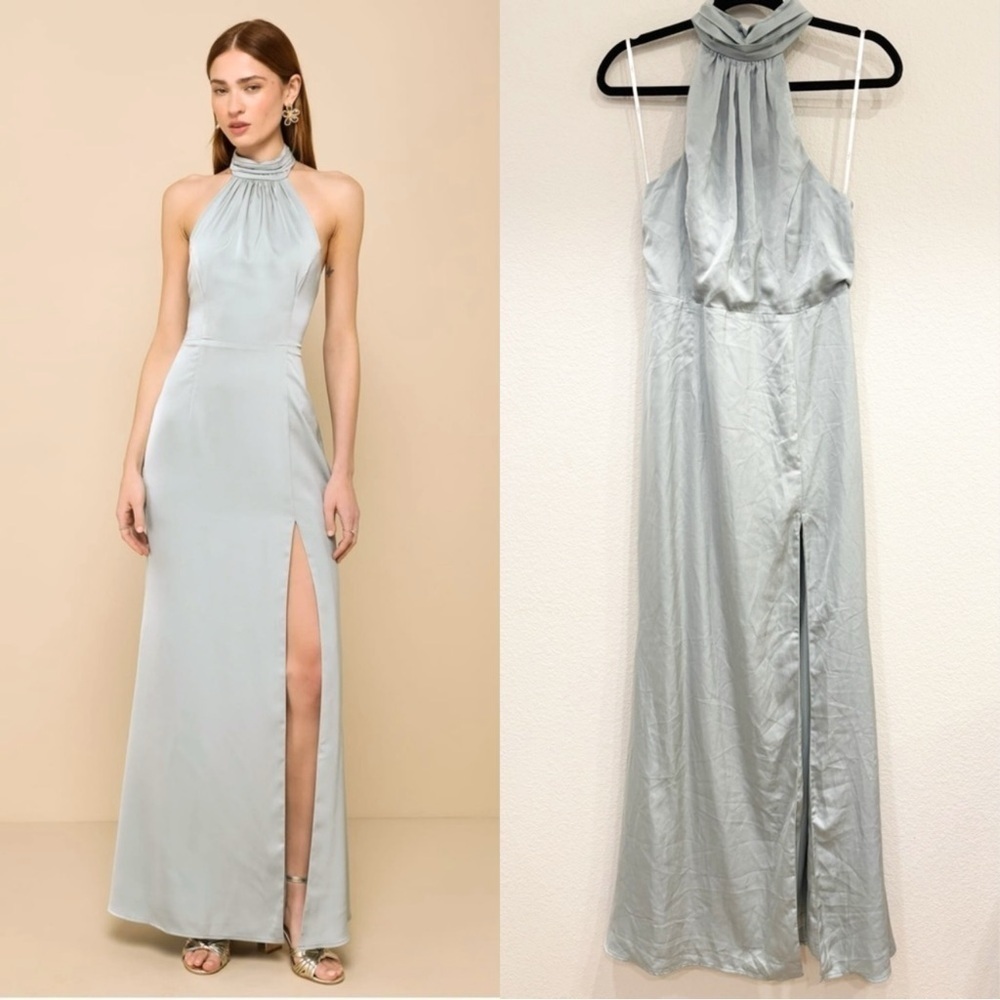 NWOT Lulus Pristine Charisma Sage‎ Green Satin Backless Halter Maxi Dress